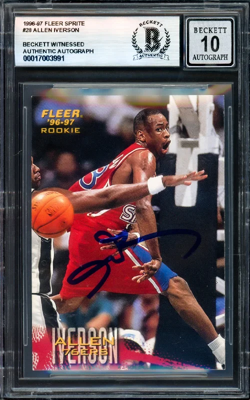 Allen Iverson Autographed 1996-97 Fleer Sprite Rookie Card #28 Philadelphia 76ers Auto Grade Gem Mint 10 Beckett BAS Witness #17003991