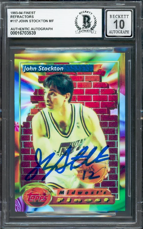 John Stockton Autographed 1993-94 Topps Finest Refractor Card #117 Utah Jazz Auto Grade Gem Mint 10 Beckett BAS #16703539