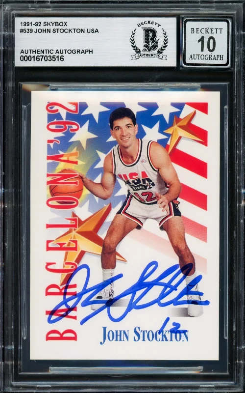 John Stockton Autographed 1991-92 Skybox Card #539 USA Dream Team Auto Grade Gem Mint 10 Beckett BAS #16703516