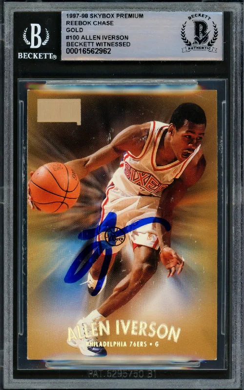 Allen Iverson Autographed 1997-98 Skybox Premium Reebok Gold Card #100 Philadelphia 76ers Beckett BAS Witnessed #16562962