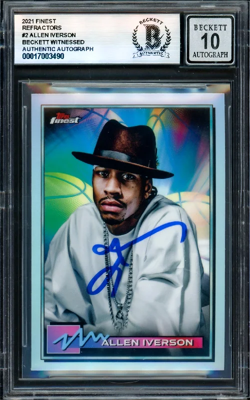 Allen Iverson Autographed 2021 Finest Refractors Card #2 Philadelphia 76ers Auto Grade Gem Mint 10 Beckett BAS Witness #17003490