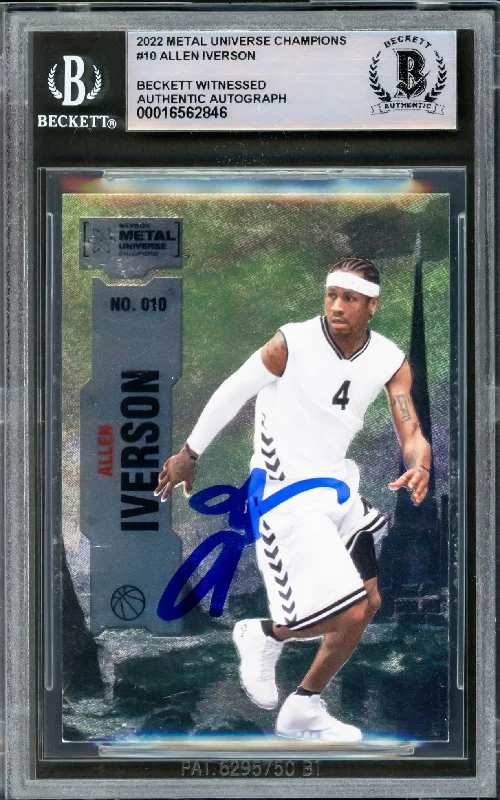 Allen Iverson Autographed 2022 Metal Universe Champions Card #10 Philadelphia 76ers Beckett BAS Witnessed #16562846