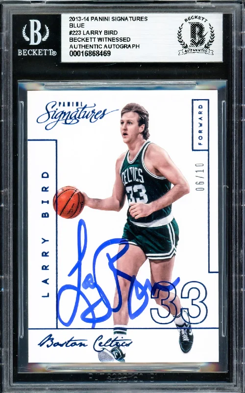 Larry Bird Autographed 2013-14 Panini Signatures Blue Card #223 Boston Celtics Auto Grade Gem Mint 10 #06/10 Beckett BAS Witness #16868469