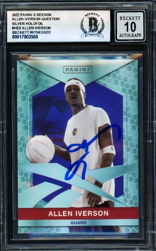 Allen Iverson Autographed 2022 Panini X Reebok Silver Holofoil Card #HEX Card Philadelphia 76ers Auto Grade Gem Mint 10 Beckett BAS Witness