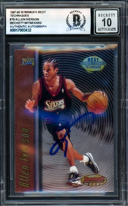 Allen Iverson Autographed 1997-98 Bowman's Best Techniques Card #T9 Philadelphia 76ers Auto Grade Gem Mint 10 Beckett BAS Witness #17003432