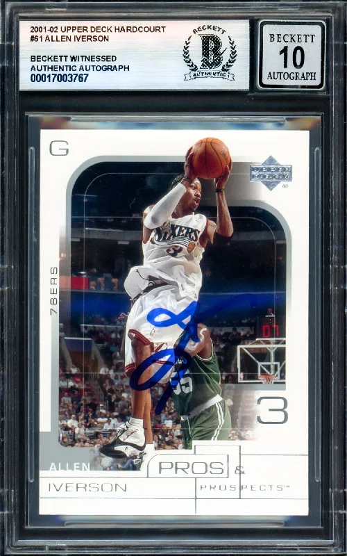 Allen Iverson Autographed 2001-02 Upper Deck Hardcourt Card #61 Philadelphia 76ers Auto Grade Gem Mint 10 Beckett BAS Witness #17003767