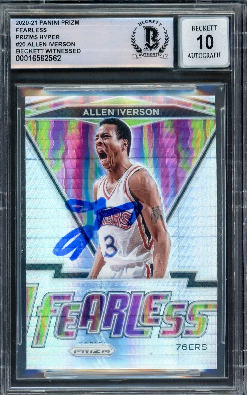 Allen Iverson Autographed 2020-21 Panini Prizm Fearless Prizms Hyper Card #20 Philadelphia 76ers Auto Grade Gem Mint 10 Beckett BAS Witnessed