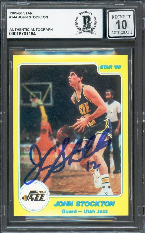 John Stockton Autographed 1985-86 Star Rookie Card #144 Utah Jazz Auto Grade Gem Mint 10 Beckett BAS #16701194