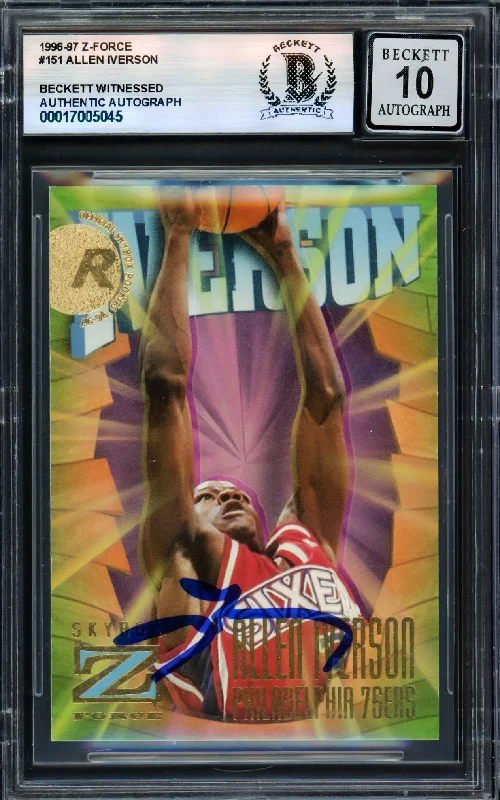 Allen Iverson Autographed 1996-97 Z-Force Rookie Card #151 Card Philadelphia 76ers Auto Grade Gem Mint 10 Beckett BAS Witness