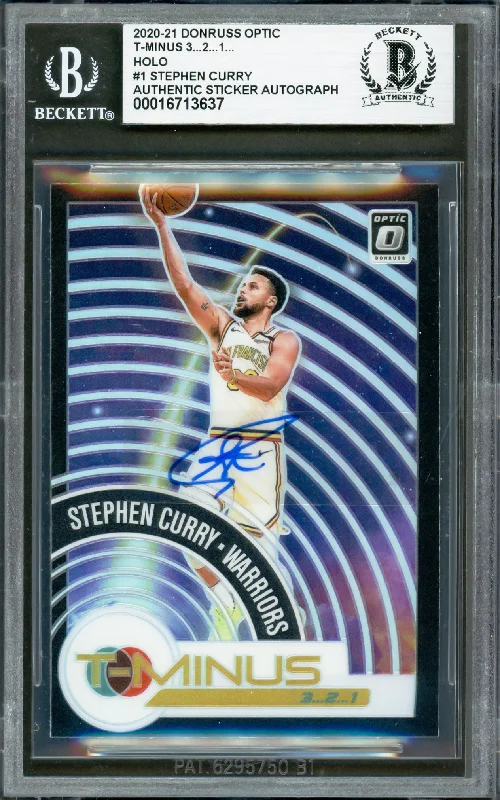 Stephen Curry Autographed 2020-21 Donruss Optic T-Minus Prizm Card #1 Golden State Warriors Beckett BAS #16713637