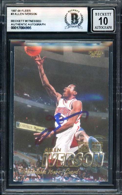 Allen Iverson Autographed 1997-98 Fleer Card #3 Philadelphia 76ers Auto Grade Gem Mint 10 Beckett BAS Witness #17004995