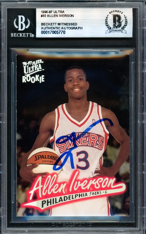 Allen Iverson Autographed 1996-97 Fleer Ultra Rookie Card #82 Philadelphia 76ers Beckett BAS Witness #17005770