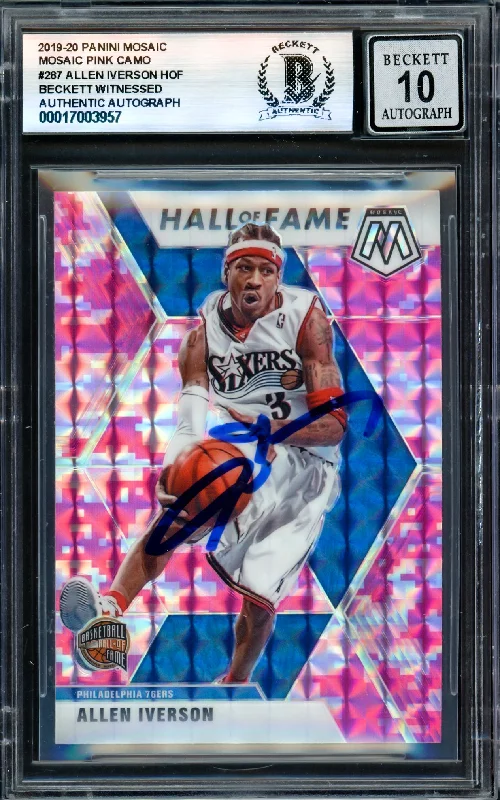 Allen Iverson Autographed 2019-20 Panini Mosaic Pink Camo Card #287 Philadelphia 76ers Auto Grade Gem Mint 10 Beckett BAS Witness #17003957