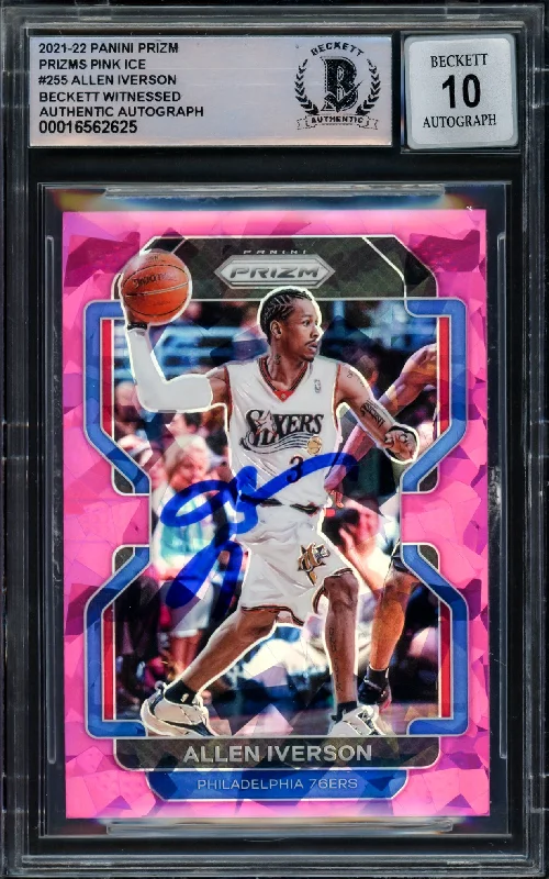 Allen Iverson Autographed 2021-22 Panini Prizm Prizms Pink Ice Card #255 Philadelphia 76ers Auto Grade Gem Mint 10 Beckett BAS Witnessed #16562625