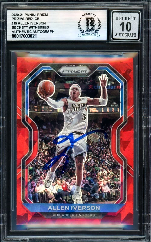 Allen Iverson Autographed 2020-21 Panini Prizm Prizms Red Ice Card #19 Philadelphia 76ers Auto Grade Gem Mint 10 Beckett BAS Witness #17003621