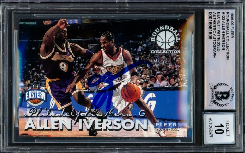 Allen Iverson Autographed 1999-00 Fleer Roundball Collection Card #123 Philadelphia 76ers Auto Grade Gem Mint 10 Beckett BAS Witness #16561909