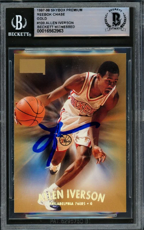 Allen Iverson Autographed 1997-98 Skybox Premium Reebok Gold Card #100 Philadelphia 76ers Beckett BAS Witnessed #16562963