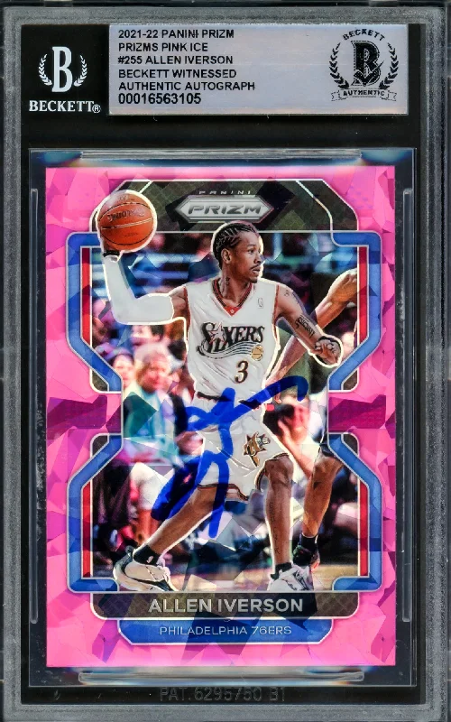 Allen Iverson Autographed 2021-22 Panini Prizm Prizms Pink Ice Card #255 Philadelphia 76ers Beckett BAS Witnessed #16563105