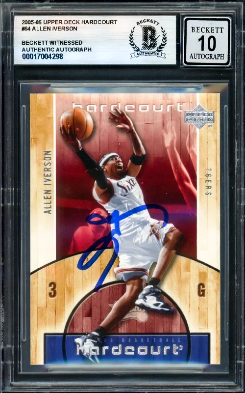 Allen Iverson Autographed 2005-06 Upper Deck Hardcourt Card #64 Philadelphia 76ers Auto Grade Gem Mint 10 Beckett BAS Witness #17004298