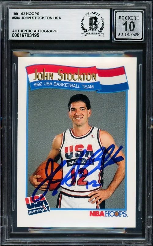 John Stockton Autographed 1991-92 Hoops Card #584 USA Dream Team Auto Grade Gem Mint 10 Beckett BAS #16703495