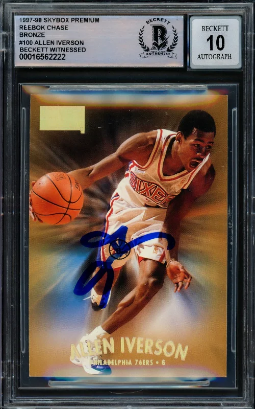 Allen Iverson Autographed 1997-98 Skybox Premium Reebok Bronze Card #100 Philadelphia 76ers Auto Grade Gem Mint 10 Beckett BAS Witnessed #16562222