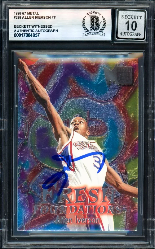 Allen Iverson Autographed 1996-97 Fleer Metal FF Rookie Card #236 Philadelphia 76ers Auto Grade Gem Mint 10 Beckett BAS Witness #17004957