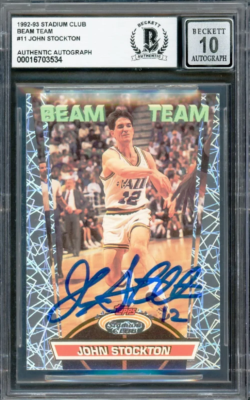 John Stockton Autographed 1992-93 Stadium Club Beam Team Card #11 Utah Jazz Auto Grade Gem Mint 10 Beckett BAS #16703534