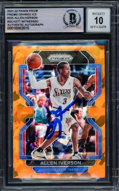 Allen Iverson Autographed 2021-22 Panini Prizm Prizms Orange Ice Card #255 Philadelphia 76ers Auto Grade Gem Mint 10 Beckett BAS Witnessed