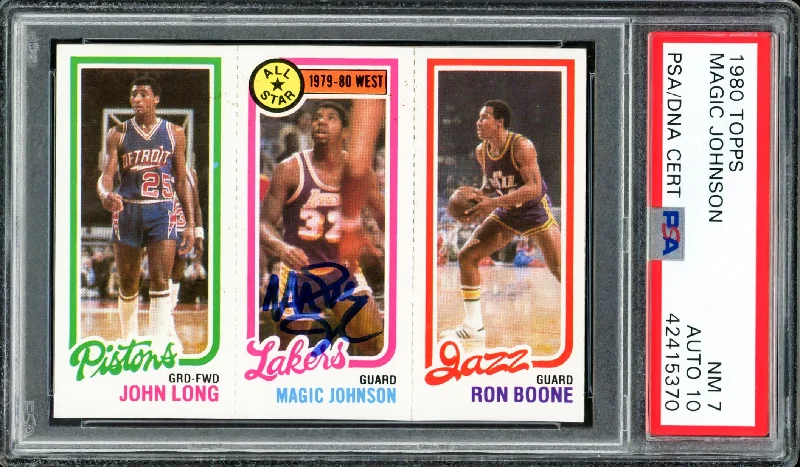 Magic Johnson Autographed 1980 Topps Rookie Card #18 Los Angeles Lakers PSA 7 Auto Grade Gem Mint 10 PSA/DNA #42415370