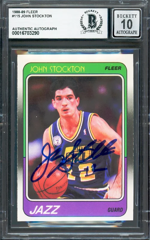 John Stockton Autographed 1988-89 Fleer Rookie Card #115 Utah Jazz Auto Grade Gem Mint 10 Beckett BAS #16703290