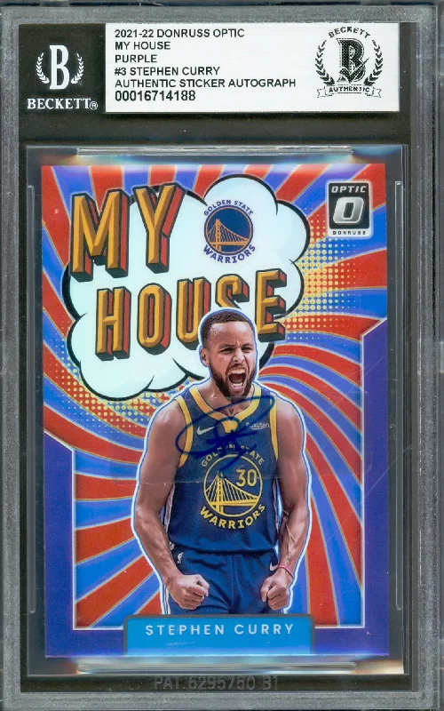 Stephen Curry Autographed 2021-22 Donruss Optic My House Purple Prizm Card #3 Golden State Warriors Beckett BAS #16714188