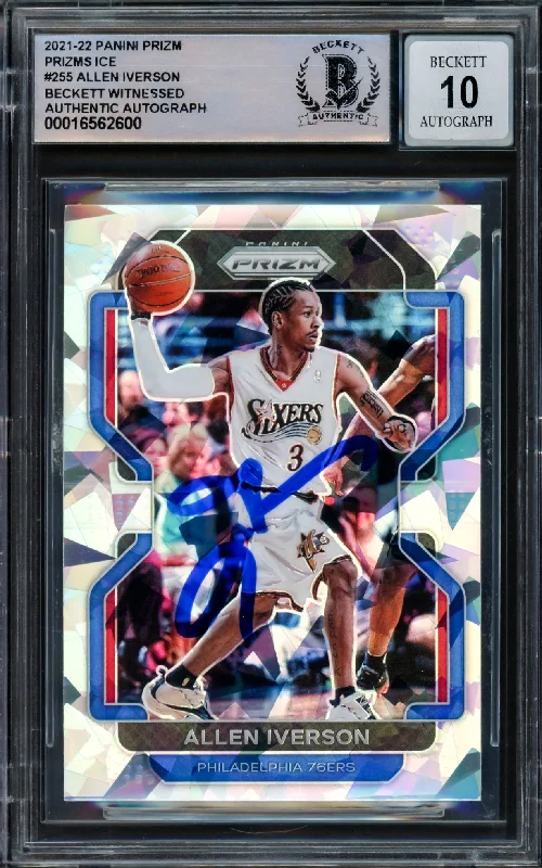 Allen Iverson Autographed 2021-22 Panini Prizm Prizms Ice Card #255 Philadelphia 76ers Auto Grade Gem Mint 10 Beckett BAS Witnessed