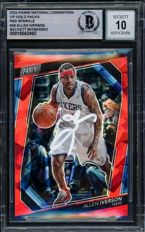 Allen Iverson Autographed 2023 Panini National Convention VIP Gold Packs Red Sparkle Card #28 Philadelphia 76ers Auto Grade Gem Mint 10 Beckett BAS Witnessed #16562482