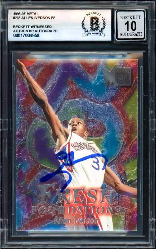 Allen Iverson Autographed 1996-97 Fleer Metal FF Rookie Card #236 Philadelphia 76ers Auto Grade Gem Mint 10 Beckett BAS Witness #17004958