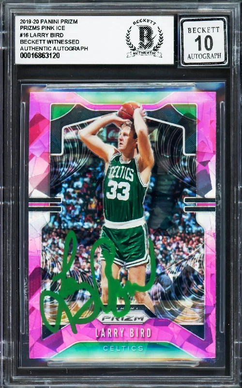 Larry Bird Autographed 2019-20 Panini Prizm Prizms Pink Ice Card #16 Card Boston Celtics Auto Grade Gem Mint 10 Beckett BAS Witness