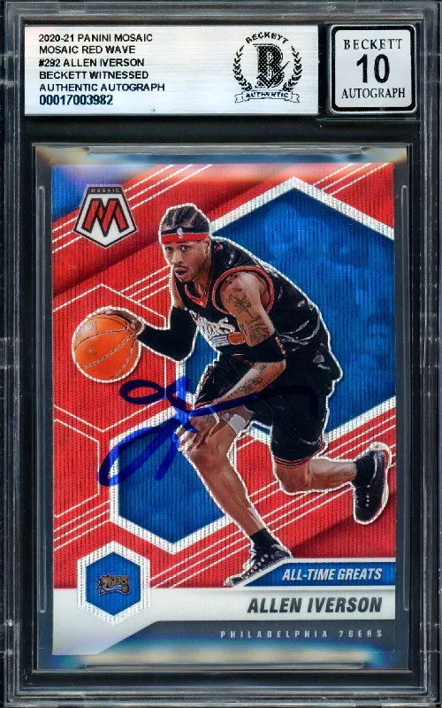 Allen Iverson Autographed 2020-21 Panini Mosaic Red Wave Card #292 Philadelphia 76ers Auto Grade Gem Mint 10 Beckett BAS Witness #17003982