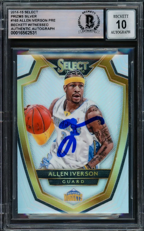 Allen Iverson Autographed 2014-15 Select Prizms Silver Card #165 Denver Nuggets Auto Grade Gem Mint 10 Beckett BAS Witnessed