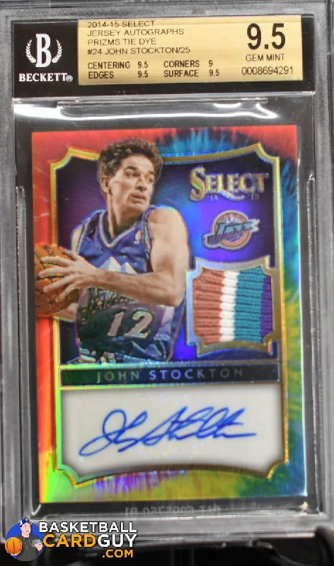 John Stockton 2014-15 Select Jersey Autographs Prizms Tie Dye #/25 BGS 9.65 GEM MINT