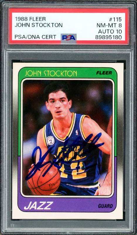 John Stockton Autographed 1988-89 Fleer Rookie Card #115 Utah Jazz PSA 8 Auto Grade Gem Mint 10 PSA/DNA #89895180