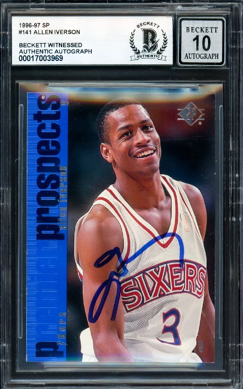 Allen Iverson Autographed 1996-97 Upper Deck SP Rookie Card #141 Philadelphia 76ers Auto Grade Gem Mint 10 Beckett BAS Witness #17003969