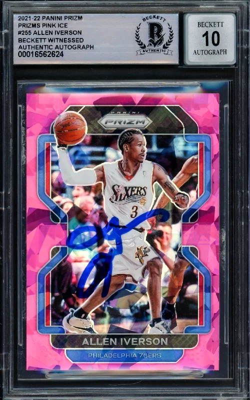 Allen Iverson Autographed 2021-22 Panini Prizm Prizms Pink Ice Card #255 Philadelphia 76ers Auto Grade Gem Mint 10 Beckett BAS Witnessed #16562624