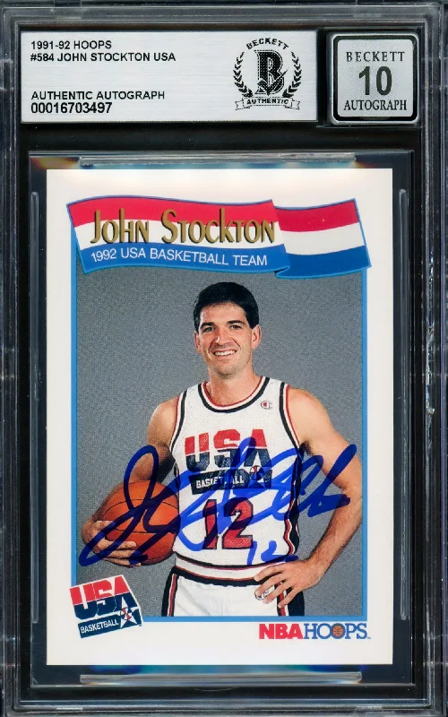 John Stockton Autographed 1991-92 Hoops Card #584 USA Dream Team Auto Grade Gem Mint 10 Beckett BAS #16703497