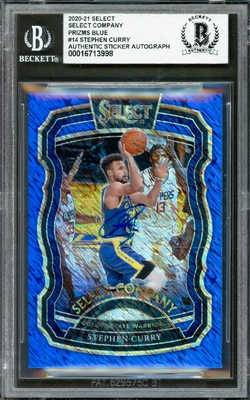 Stephen Curry Autographed 2020-21 Select Prizm Company Blue Prizm Card #14 Golden State Warriors Beckett BAS #16713998