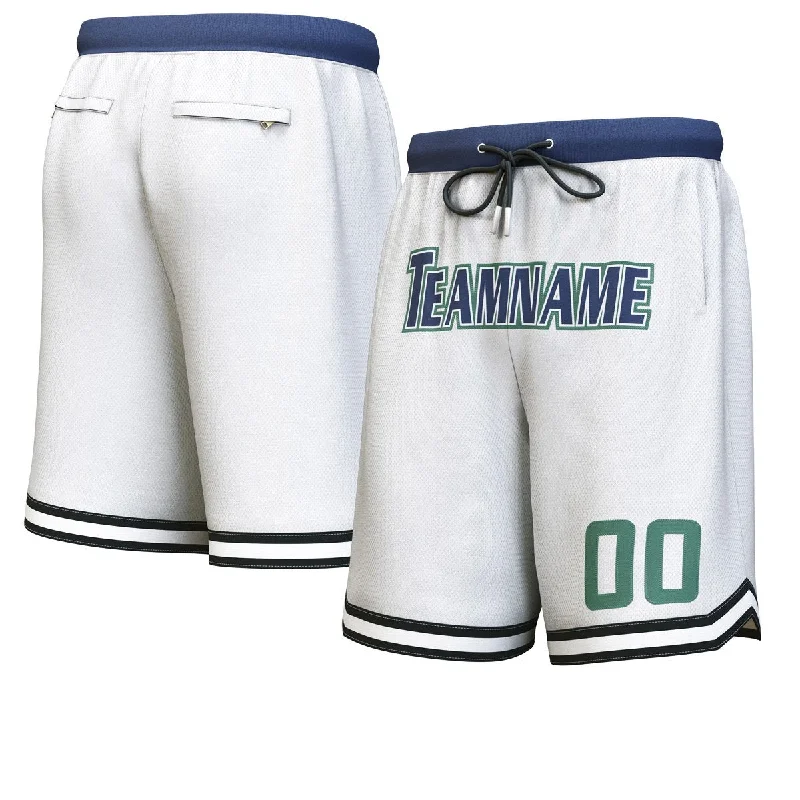 Custom White Navy-Hunter Green Personalized Basketball Shorts