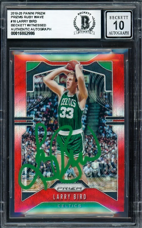 Larry Bird Autographed 2019-20 Panini Prizm Prizms Ruby Wave Card #16 Boston Celtics Auto Grade Gem Mint 10 Beckett BAS Witness #16862986