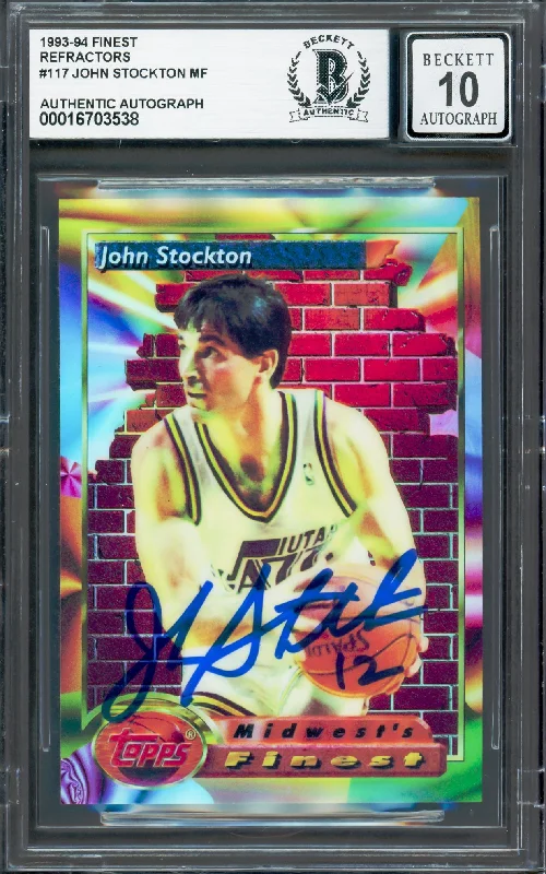 John Stockton Autographed 1993-94 Topps Finest Refractor Card #117 Utah Jazz Auto Grade Gem Mint 10 Beckett BAS #16703538