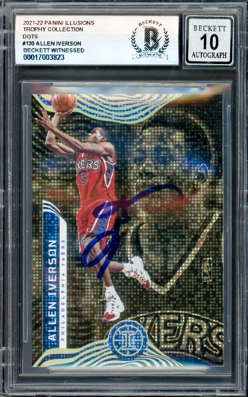 Allen Iverson Autographed 2021-22 Panini Illusions Trophy Collection Dots Card #130 Philadelphia 76ers Auto Grade Gem Mint 10 Beckett BAS Witness #17003823