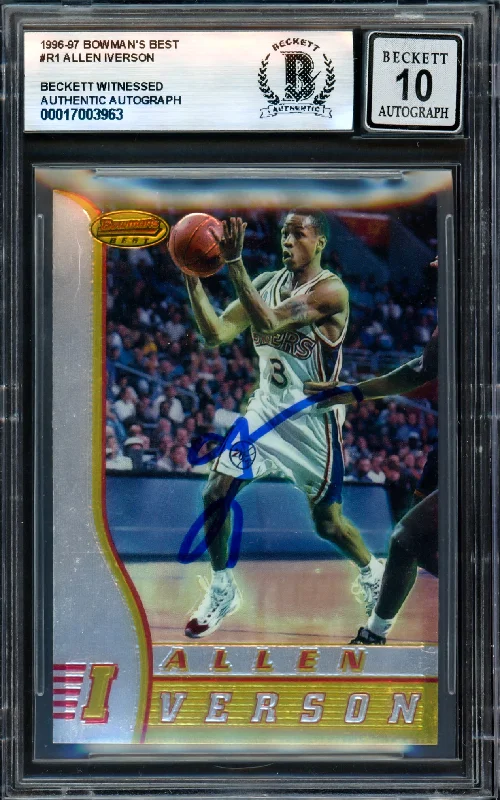 Allen Iverson Autographed 1996-97 Bowman's Best Rookie Card #R1 Philadelphia 76ers Auto Grade Gem Mint 10 Beckett BAS Witness #17003963