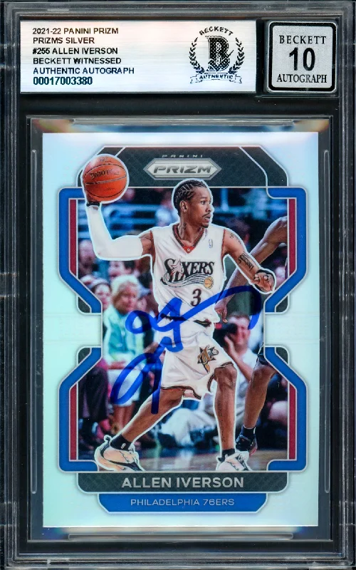 Allen Iverson Autographed 2021-22 Panini Prizm Prizms Silver Card #255 Philadelphia 76ers Auto Grade Gem Mint 10 Beckett BAS Witness #17003380