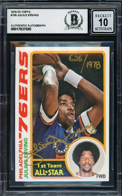 Julius Dr. J Erving Autographed 1978-79 Topps Card #130 Philadelphia 76ers Auto Grade Gem Mint 10 #626/1978 Beckett BAS #17037680